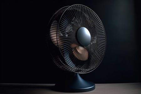 Modern electric table fan spinning, blades whirring arround, closeup, black on dark background. Generative AIの素材