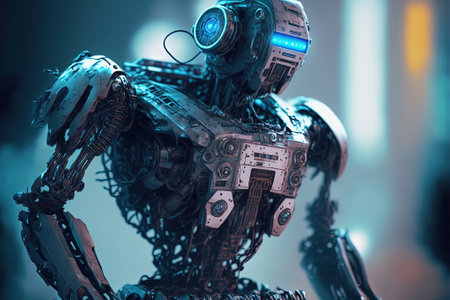 Futuristic robot portrait. Modern Cyborg Technology. Closeup on head with scary eyes. Generative AIの素材