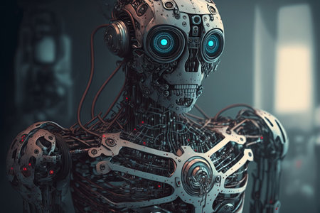 Futuristic robot portrait. Modern Cyborg Technology. Closeup on head with scary eyes. Generative AIの素材