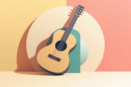 Country music festival poster with acoustic guitar, pastel background, copy space. Illustration for event, lessons or course. Generative AIの素材