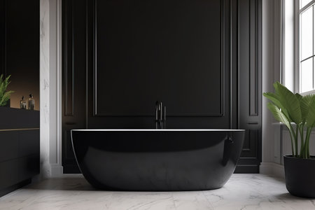 Minimal luxury bathroom with window. Stone floor, marble tile wall and modern big black bathtub. AIの素材