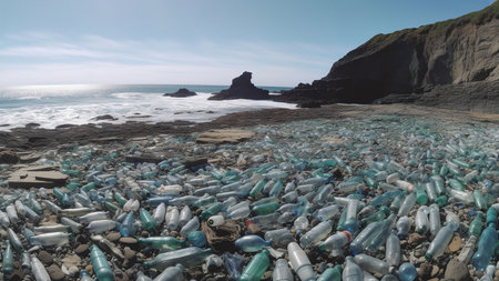 Plastic waste on sea or ocean shore. Global pollution concept. Generative AIの素材