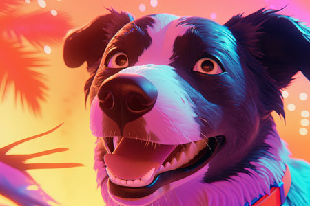 Happy dog on colorful tropical background. Pop art style in neon colors. Generative AIの素材