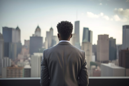 African American man in suit in melancholic city. Career challenge in city jungle concept. Generative AIの素材