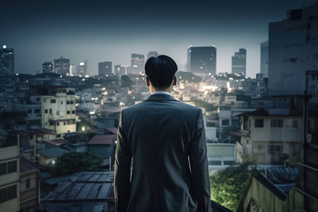 Man in suit in melancholic city at night. Abstract career challenge in city jungle concept. Generative AIの素材
