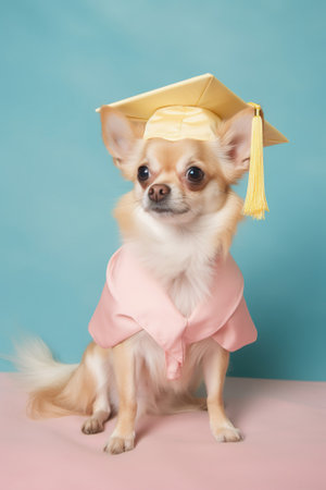 Dog in graduation cap and gown. Realistic chihuahua studio portrait. Generative AIの素材