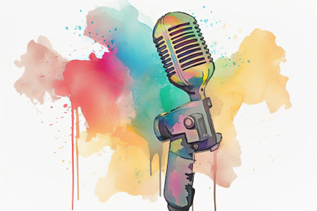 Microphone with colorful splash on white background, Mic design for singer, entrepreneur, podcast, voice artist. Generative AIの素材