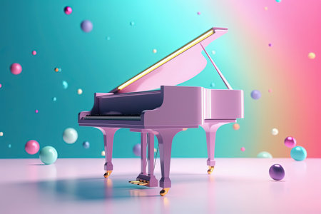 Grand piano on stage, white with colorful neon light background. Generative AIの素材