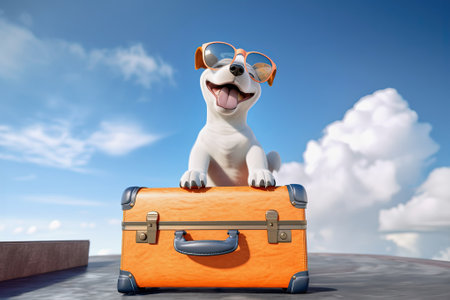 Cute dog sitting on bright orange suitcase. Travel, vacation, transportation concept. Blue sky copy space. Generative AIの素材