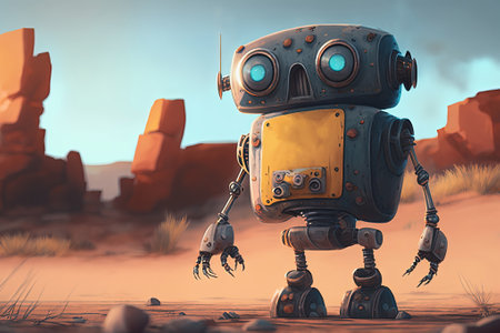 Lone robot standing in vast and barren desert landscape. Generative AIの素材