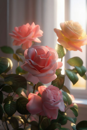 Delicate roses bouquet in room, window light airy background. Generative AI