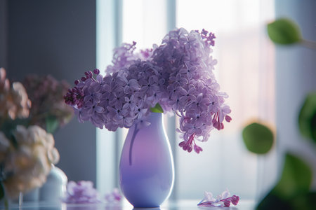 Delicate pink lilac bouquet in vase on table, window light airy background. Generative AIの素材