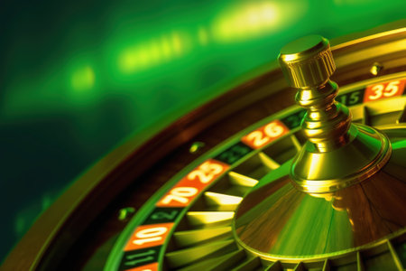 Casino game roulette spinning wheel, green neon blur background. Generative AIの素材