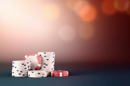 Casino tokens or casino poker chips stack on table, colorful blur background. Generative AIの素材