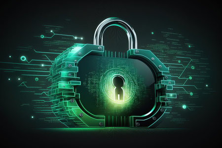Neon data with locked padlock on dark background. Concept of protection technology, security and confidentiality. Safety, encryption, privacy, digital cybersecurity. Generative AIの素材