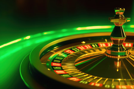 Casino game roulette spinning wheel, green neon blur background. Generative AIの素材