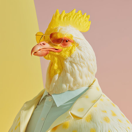 Fashion chicken rooster in stylish suit. Pastel yellow color. Pop art portrait, modern style and lifestyle concept. Contemporary art, creative idea. Generative AIの素材