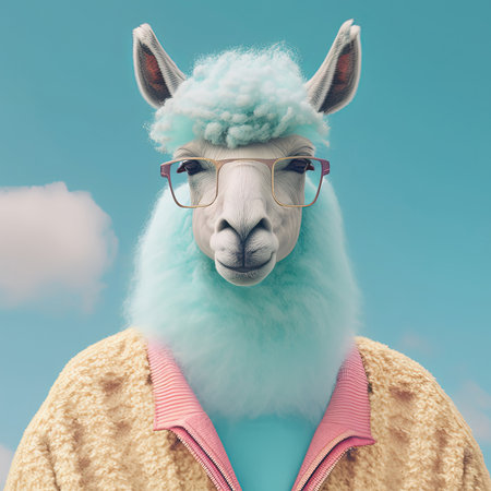 Fashion llama in cardigan and glasses, blue background. Pop art portrait, cotton candycore style and lifestyle concept. Contemporary art, creative idea. Generative AIの素材