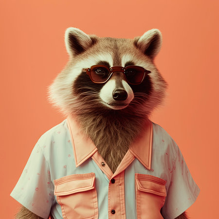 Fashion raccoon in shirt. Orange color monochrome portrait. Pop art modern style and lifestyle concept. Contemporary art, creative idea. Generative AIの素材
