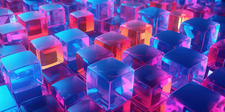 Neon ice cubes abstract background illustration. Cocktails, party, nightlife, fashion concept