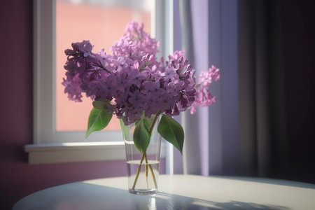Delicate pink lilac bouquet in vase on table, window light airy background. Generative AIの素材
