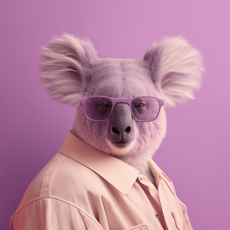 Fashion summer koala bear in shirt and sunglasses. Casual Friday office look. Pop art modern style and lifestyle concept. Contemporary art, creative idea. Generative AIの素材
