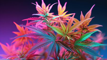 Psychedelic cannabis plant close up. Colorful neon magic marijuana concept. Generative AIの素材