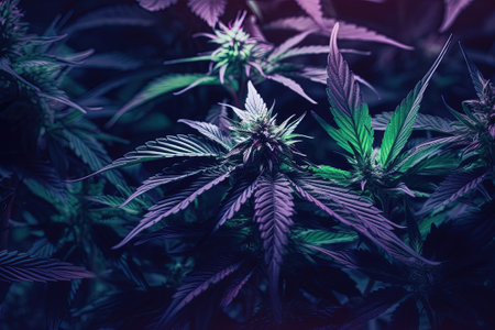 Psychedelic cannabis plant, cone and leaves close up. Colorful neon purple and green magic marijuana concept. Generative AIの素材