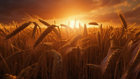 Wheat in open field against sun, industrial product design, rural background. Harvest time. Generative AIの素材