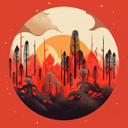 Fire burning in forest, sun in background. Wildfire, climate change conceptの素材