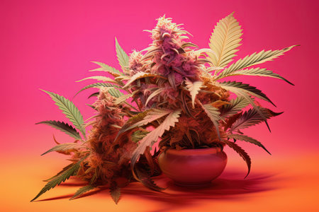 Psychedelic cannabis plant in flower pot close up. Colorful pink neon magic marijuana concept. Generative AIの素材