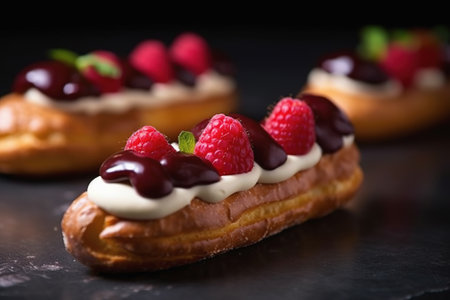 Delicious eclairs with berries and creamy filling. Traditional French pastry dessert. Generative AIの素材
