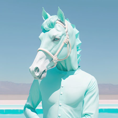 Fashion summer horse in shirt. Casual trendsetter look, mint blue monochrome portrait. Pop art modern style and lifestyle concept. Contemporary art, creative idea. Generative AIの素材