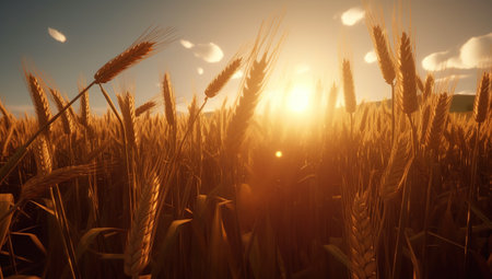 Wheat in open field against sun, industrial, rural background. Harvest time. Generative AIの素材