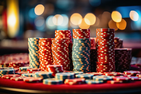 Casino tokens or casino poker chips stack on table, colorful blur background. Generative AIの素材