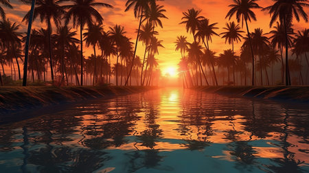 Tropical sunset on the beach with palm trees reflecting in the water, background. Generative AIの素材