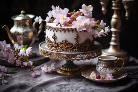 Gorgeous birthday, party or wedding cake on stylish holder. Vintage style cake sitting on table with cherry blossom, decorated with spring blooming flowers. Generative AIの素材