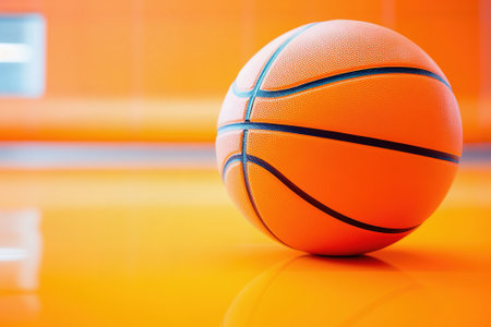 Basketball ball in gym, close up, orange bakground. Copy space. Generative AIの素材