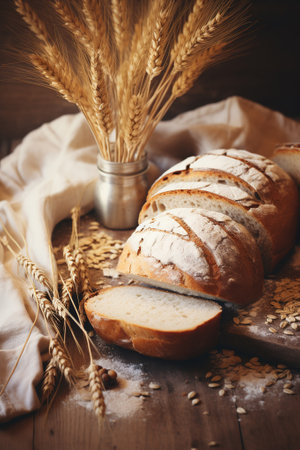 Homemade bread on kitchen table. Freshly baked loaf of bread placed on rustic wooden background. Generative AIの素材