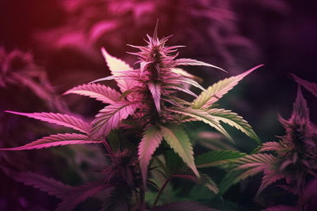 Psychedelic cannabis plant, cone and leaves close up. Dark dreamy pink neon. Generative AIの素材