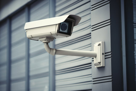 Surveillance security camera on wall, modern building. CCTV in the city. Generative AIの素材
