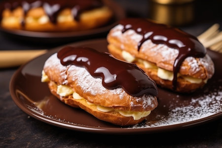 Delicious chocolate eclairs with a creamy filling. Traditional French pastry dessert. Generative AIの素材