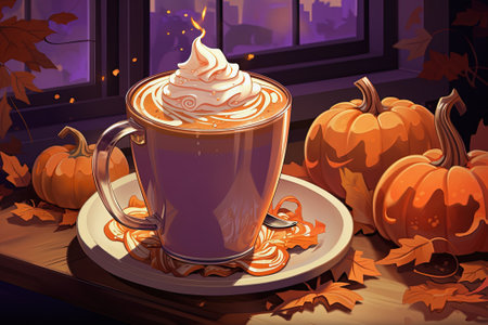 Pumpkin spice latte coffee with toppings, fall season hot beverage. Generative AIの素材