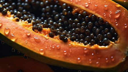 Half of papaya with drops of water. Fresh tropical exotic fruit, macro background. Top view. Generaive AIの素材