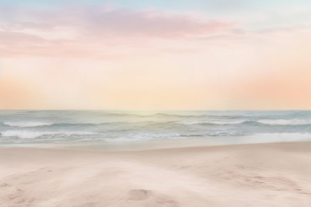 Serene sandy beach with crystal clear blue waves lapping gently at the shore. Soft light, copy space. Generative AIの素材