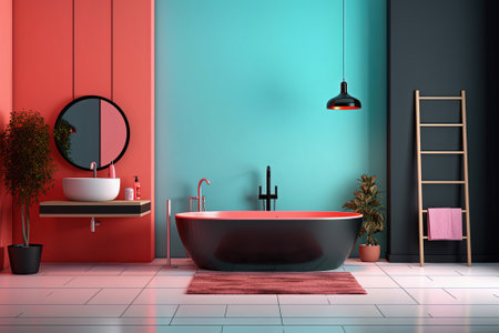 Luxury bathroom interior. Modern big bathtub with vibrant colorsの素材
