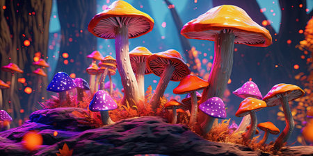 Colorful mushrooms in psychedelic forest. Glowing neon dmt mushrooms concept. Mycelium microorganism in wonderland. Generative AIの素材