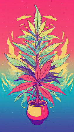 Cannabis plant growing out of pot. Hand drawing style colorful illustrationの素材