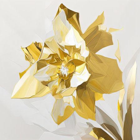Abstract floral oil painting. Golden and yellow spring daffodil flower on white backgroundの素材