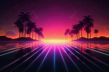 Abstract geometric pool party background center perspective with colorful led neon lines. Summer light music show sceneの素材